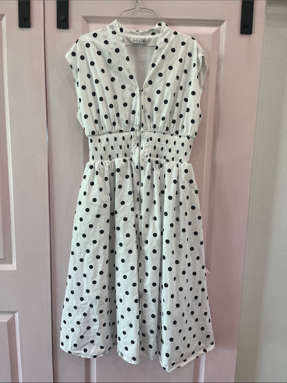 Polka Dot Shirred Waist Midi Dress - White/Black